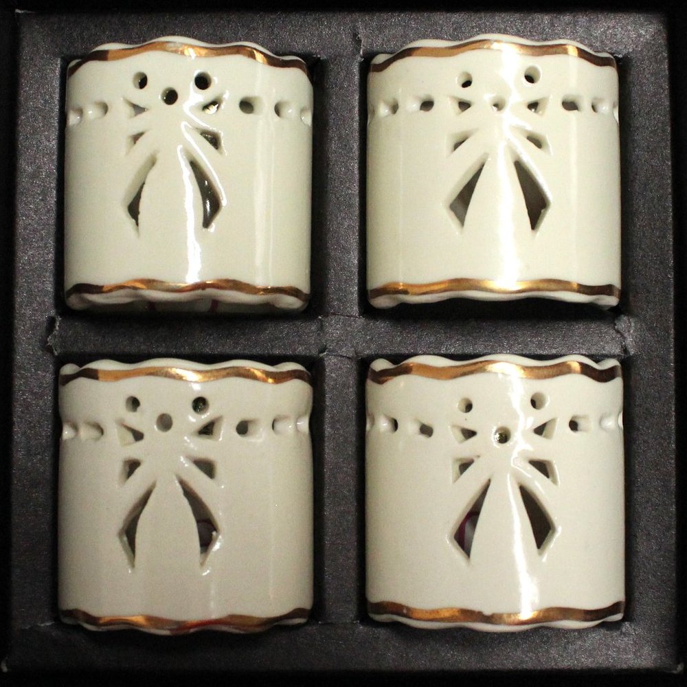Set of 4 Bow Cut Out Aukey Napkin Rings in Ivory & Gold Tones